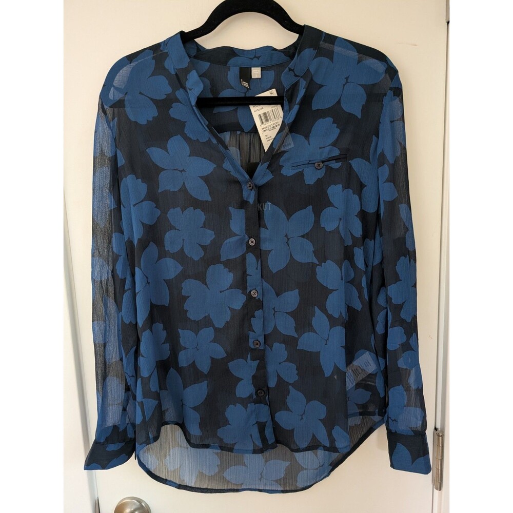 NWT. Kut From The Kloth Sheer Floral Blouse Small Blue Office Work Business Chic